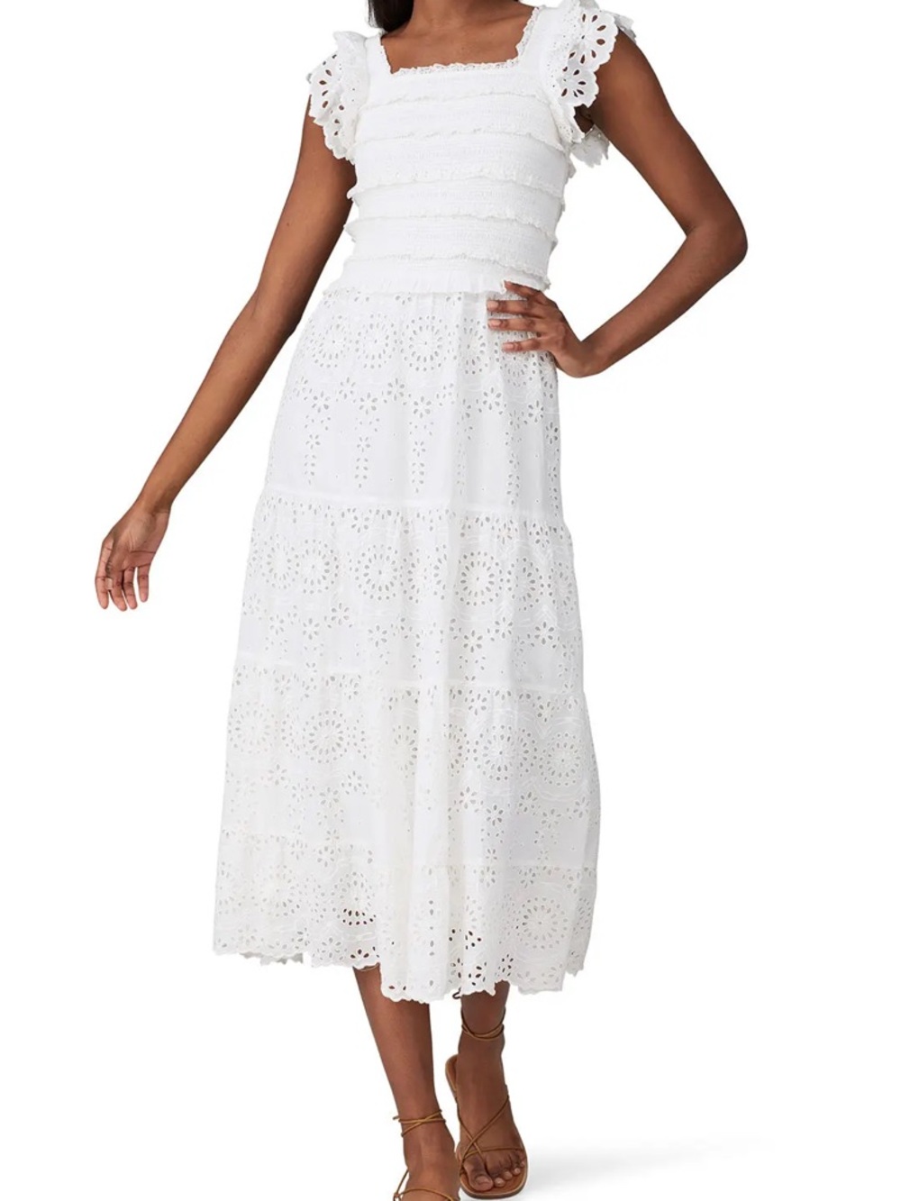 Sea New York White Eyelet Smocked Midi Dress with Puff Sleeves